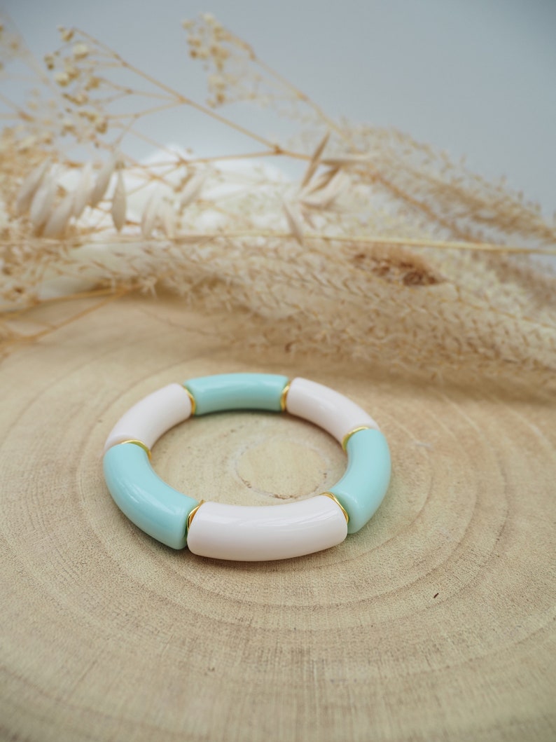 Bracelet jonc bicolore MAELLE / grosses perles tubes en résine acrylique incurvées Modèle 6