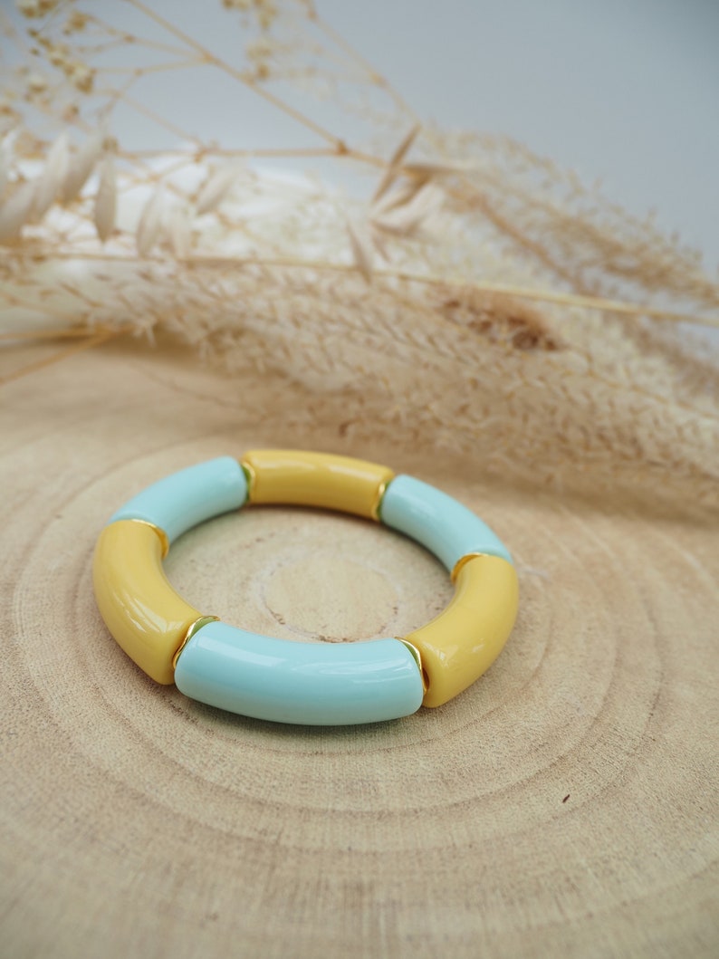 Bracelet jonc bicolore MAELLE / grosses perles tubes en résine acrylique incurvées Modèle 5