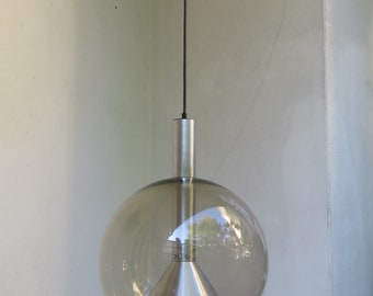 Plafonnier XXL élégant, Erco, globe en verre fumé, aluminium brossé, années 1960