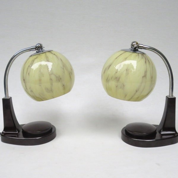 1 pair of elegant bedside lamps, touch light, Marianne Brandt, Bauhaus, 1930s, Gothaer Metallwaren Fabrik (GMF)