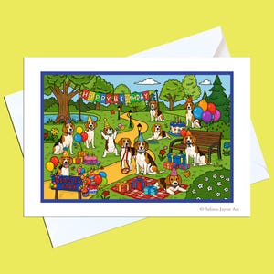 May include: A vibrant birthday card illustration depicting a park scene with several cartoon beagles wearing party hats. The card features the text "HAPPY BIRTHDAY" on a banner and "BEAGLES PARK" on a sign. Balloons, gifts, and birthday cakes are also included.