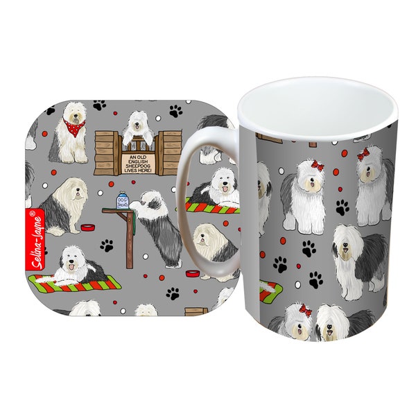 Old English Sheepdog Mug and Coaster Gift Set by Selina-Jayne