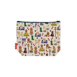 May include: A beige zipped pouch featuring a pattern of Cavapoo dogs, dog bones, paw prints, and green wellington boots. The pouch has a navy blue zip and a red label that says "Sally Jane".