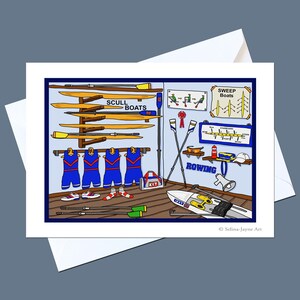 May include: Illustration of a rowing boat storage room with oars, scull boats, and rowing gear. Blue and red rowing uniforms hang below the oars. The words "Scull Boats" and "Sweep Boats" are visible.