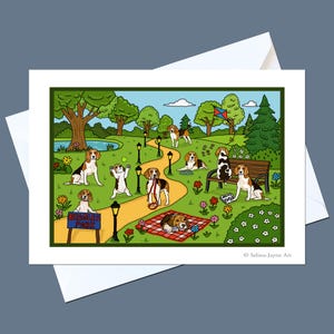 May include: A vibrant illustration depicting a park scene populated by beagles. The dogs are shown playing, relaxing on a picnic blanket, and sitting on a bench. The park setting includes trees, flowers, and a sign that reads "Beagles Park".