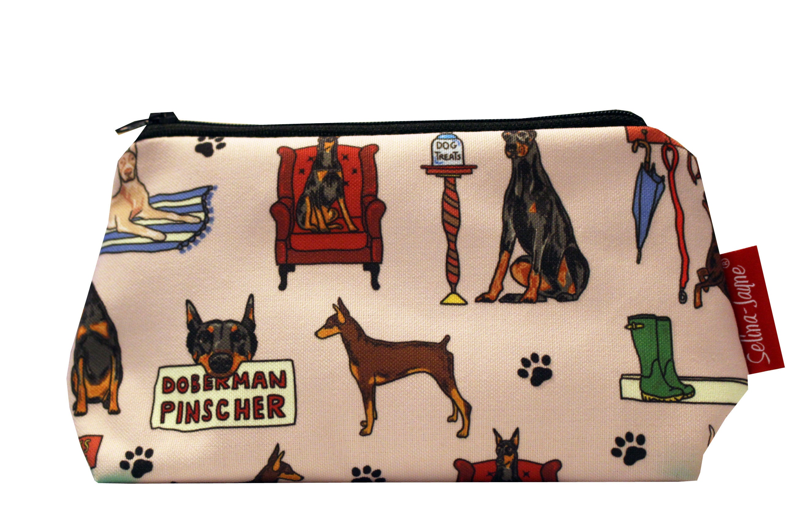 Dobermann Make-up Tasche – 25x17 Cm, Baumwolle-Leinen, Beidseitig Bedruckt, Geschenk Für Hundeliebhaber