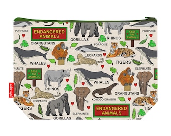 May include: A cream-colored zippered pouch featuring a repeating pattern of endangered animals, including tigers, whales, and gorillas. The words "Endangered Animals" are displayed in a red and green rectangle. The pouch has a green zipper and trim.