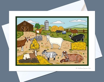 May include: A greeting card with a colourful illustration of goats on a farm. The image shows a barn, silo, hay bales, and several goats in different colours and poses. The card is on a white background with a white envelope.