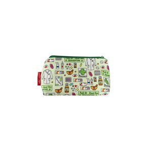 May include: A light green zipped pouch featuring a repeating pattern of pharmacy-themed illustrations. The design includes lab coats, pills, prescription bottles, and mortar and pestle. The pouch has a green zip and a red tag with text.