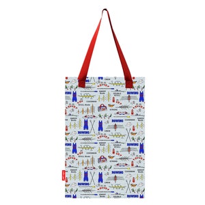 May include: A white tote bag with red handles and a blue and white pattern of rowing equipment and the word "ROWING" repeated throughout.