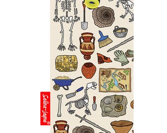 May include: A colorful illustration of various archaeological artifacts, including a skeleton, a dinosaur skeleton, a map, a vase, a wheelbarrow, a sword, a magnifying glass, and fossils. The illustration is on a beige background.
