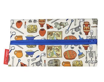 May include: A rectangular, off-white pencil case with a blue zipper. The case is covered in a repeating pattern of archaeological tools, maps, and artifacts in orange, brown, and blue. A red tag with white text is on the left side.