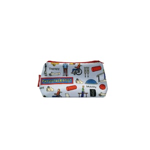 May include: A light blue cosmetic bag with a red zipper and trim. The bag is covered in illustrations related to physiotherapy, including people using exercise equipment and the text "PHYSIOTHERAPIST".