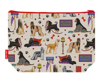 May include: A beige zippered pouch with a red trim, featuring a repeating pattern of Afghan Hounds in various poses. The design includes dog bones, paw prints, and signs that read "Afghan Hound", "Treats", and "Walkies".