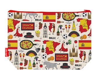 May include: A rectangular cosmetic bag with a red zipper and trim. The bag features a repeating pattern of Spanish cultural icons, including flags, maps, flamenco dancers, and the text "SPAIN" and "HOLA!" in a cream-colored background.