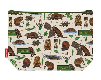 May include: Beige zippered pouch with a repeating pattern of brown beavers, logs, and green foliage. The pouch has a green zipper and trim. The word "BEAVERS" is printed on several green rectangular labels. A red and white logo is on the lower left.