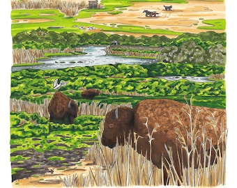Watercolor Illustration Art Print of Paynes Prairie Preserve Florida State Park Gainesville, Florida