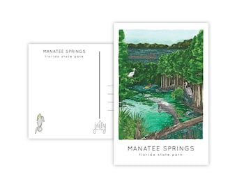 May include: A set of two postcards. One features a watercolor illustration of Manatee Springs State Park in Florida, with a manatee in the water. The other postcard has the text "Manatee Springs Florida state park" and a small illustration of a cartoon character.