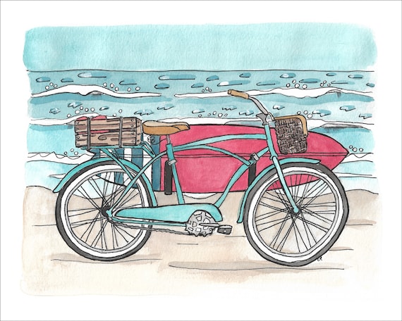 Watercolor Illustration Print of Beach Cruiser Bicycle
