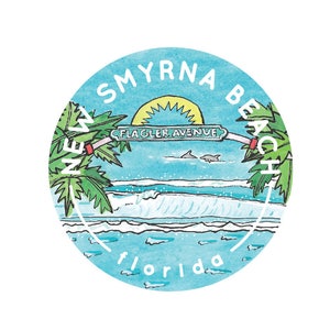 May include: A blue and white circular sticker with the text "NEW SMYRNA BEACH FLORIDA" and a stylized illustration of palm trees, ocean waves, and a sign that reads "FLAGLER AVENUE".