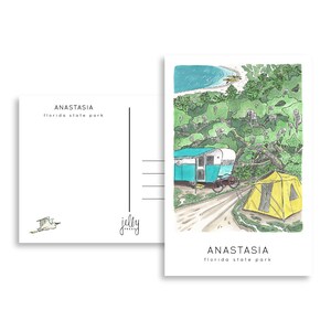 May include: A postcard featuring a watercolor illustration of a blue camper van and a yellow tent in a Florida state park. The text on the postcard reads "Anastasia Florida State Park".