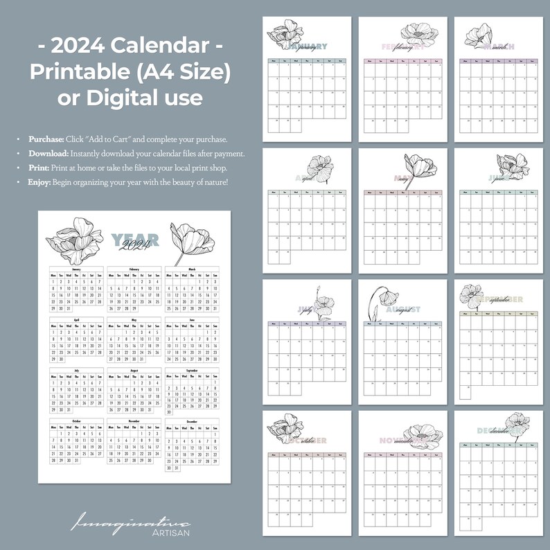 2024 Calendar Printable A4 Size or Digital Instant Etsy
