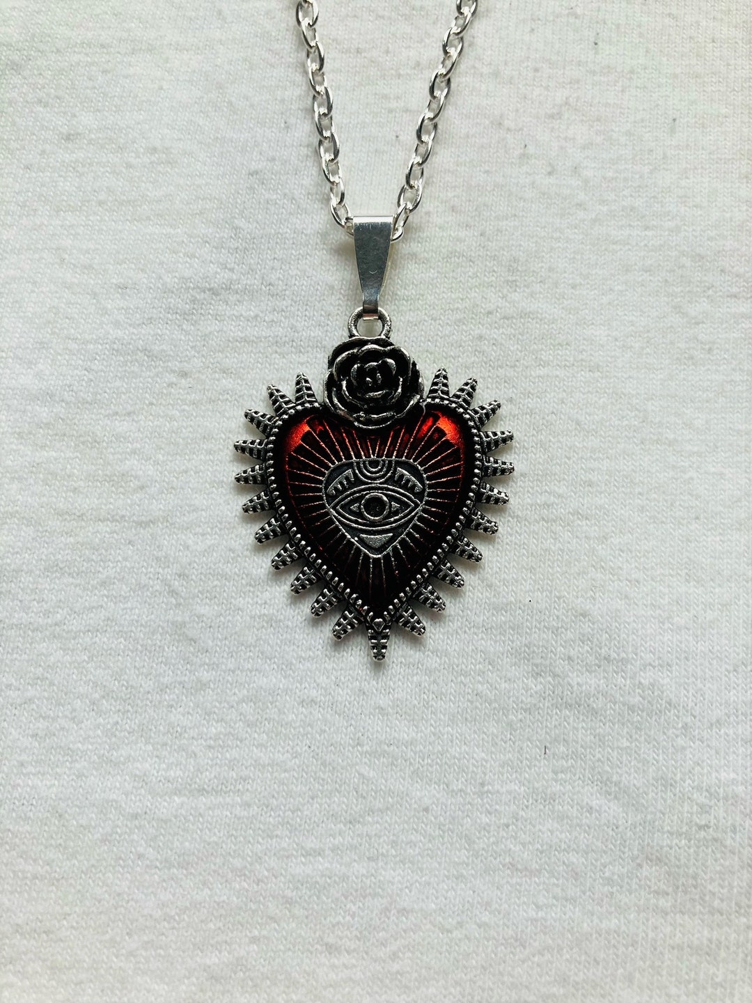 Red Evil Eye Style Heart Silver Necklace Emo Goth Cool Fashion Rock