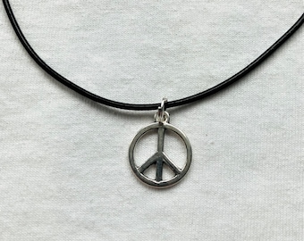 Peace Symbol Cord Rope Choker Necklace & Pendent | emo goth zen hippie nature