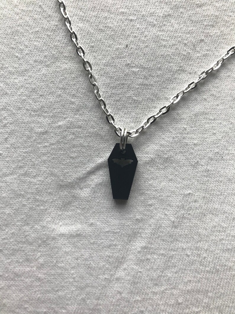 Tiny Acrylic Coffin Pendent and Chain emo goth cool fashion rock tattoo Halloween