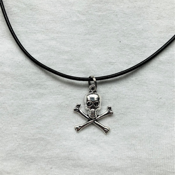 Skull and Bones Cord Rope Choker Necklace & Pendent | emo goth cool fashion rock tattoo