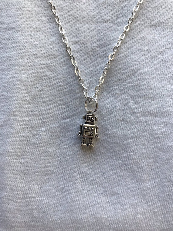 Tiny Robot silver necklace pendent emo goth cool kids 90s tech nerdy gamer