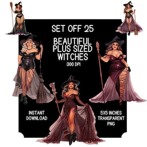 Bel ensemble de 25 fichiers Halloween grande taille sorcières automne Clipart PNG, corps positif sorcière Art Design, Illustrations numériques Clipart automne