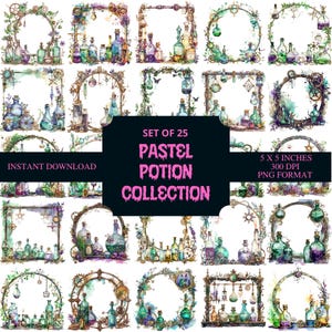 Pastel Watercolor Potion Clipart: Witchy Apothecary Art (25 PNG Files)