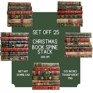 Festive Stack of Christmas Book Spines PNG Clipart Set, 25 Realistic Holiday Templates, Winter Book Cover Overlays, Digital Xmas Image