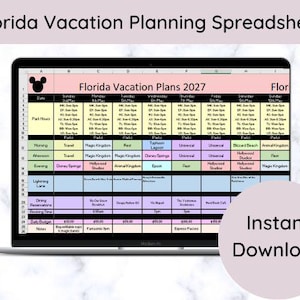 May include: A digital spreadsheet displayed on a laptop screen titled Florida Vacation Plans 2027. The grid features color-coded rows for dates, park hours, daily activities, dining reservations, and budget tracking with a black mouse ear icon.