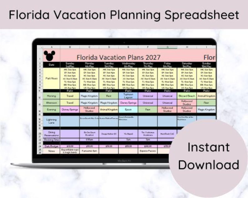 May include: A digital spreadsheet displayed on a laptop screen titled Florida Vacation Plans 2027. The grid features color-coded rows for dates, park hours, daily activities, dining reservations, and budget tracking with a black mouse ear icon.
