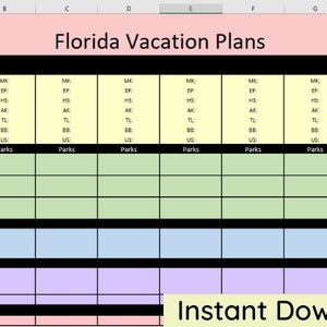 May include: A digital spreadsheet template titled Florida Vacation Plans with a black Mickey Mouse icon. The grid includes sections for Date, Park Hours, Morning, Afternoon, Evening, Genie+ / Lightning Lane, Dining Reservations, and Daily Budget.