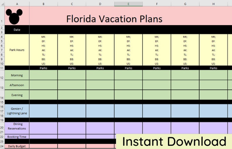 May include: A digital spreadsheet template titled Florida Vacation Plans with a black Mickey Mouse icon. The grid includes sections for Date, Park Hours, Morning, Afternoon, Evening, Genie+ / Lightning Lane, Dining Reservations, and Daily Budget.