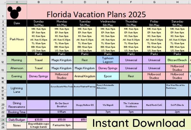 May include: A digital spreadsheet titled Florida Vacation Plans 2025 featuring a weekly schedule from Sunday 3rd May to Saturday 9th May. The grid includes rows for park hours, daily activities, lightning lane selections, dining reservations, and daily budget.