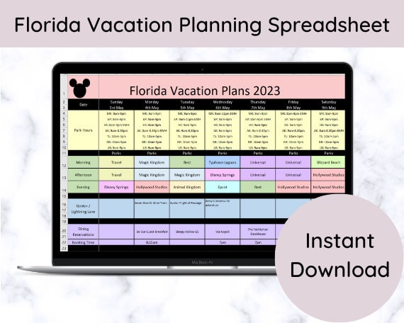 Florida Vacation Trip Spreadsheet Planner Template Itinerary Disney ...