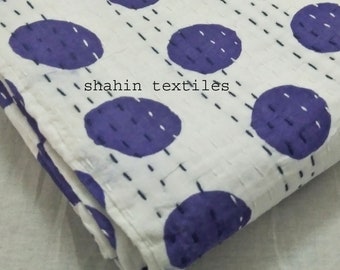 Couverture d’été, polka dot purple, taille main de reine de couverture de lit de coton, impression de bloc de main Kantha Quilt, jet de coton, couverture de Kantha de coton