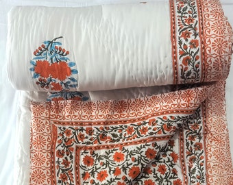 Attractive Orange -Blue Floral Jaal Print Large Boota Print Quilt, Reversible Light Ultra Warm Blanket Home Decor Soft Jaipur Quilt Rajai