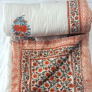 Attractive Orange -Blue Floral Jaal Print Large Boota Print Quilt, Reversible Light Ultra Warm Blanket Home Decor Soft Jaipur Quilt Rajai