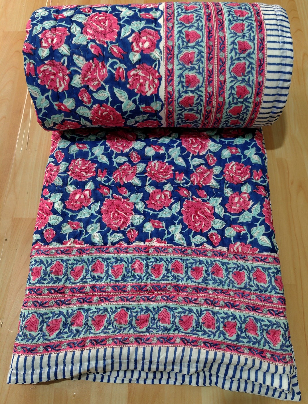 Hand Block Print Quilt Floral.ultra Warm Quilt, Bedroom Quilt Perfect