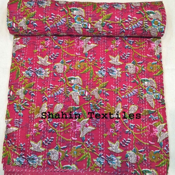 Handmade Kantha Bedcover, Reversible Kantha Bedspread,Twin Size Kantha Quilt, Indian Cotton Kantha Bedcover,Block Print Kantha Quilt