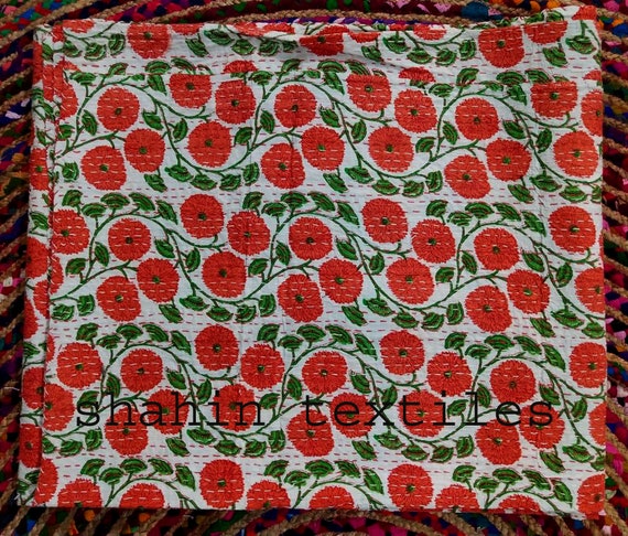 Hand Block Print Kantha Quilt Floral Handmade Kantha Quilt Cotton Kantha Blanket Kantha Throw Indian Quilt Throw Cotton Bedcover Etsy