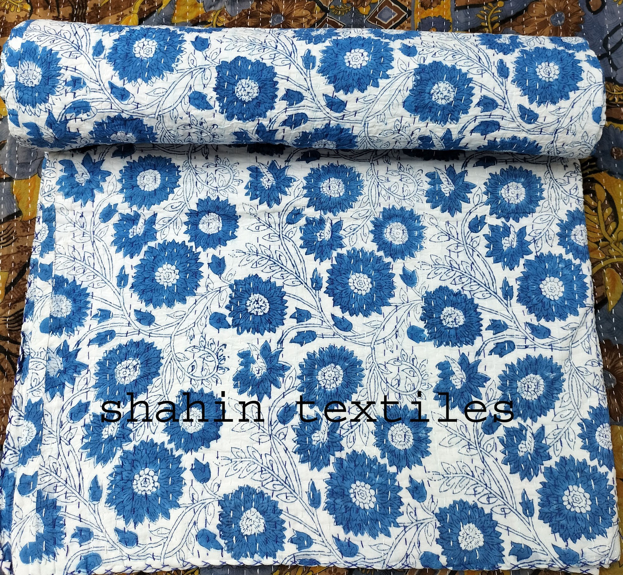 Kantha-Überwurf Handgefertigt Aus Baumwolle – King Size 229 X 274 Cm, Gelb Mit Vogelmuster (hergestellt In Indien)