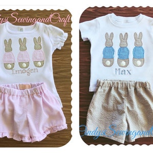 Siblings matching Easter outfits. Appliquéd bunnies in Seersucker fabric with matching shorts. Furry bunny tails too!! Personalized.