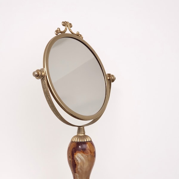 Psyché ancien en laiton et onyx - miroir pivotant à poser - miroir de coiffeuse - glace de maquillage