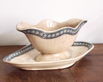 Ironstone gravy boat - Saint Amand et Hamage tableware, Laurier pattern - cottagecore decor